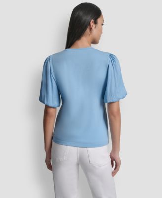 Women's Puffed Crew Neck Mix Media Knit Top