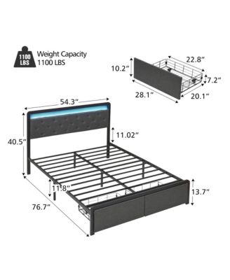 Full Bed Frame with LED Headboard, Upholstered Platform, 2 Storage Drawers