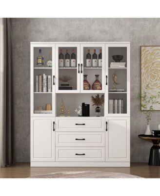 Kitchen Storage Cabinet with Glass Doors, Kitchen Pantry Cabinet with Shelves & 3 Drawers