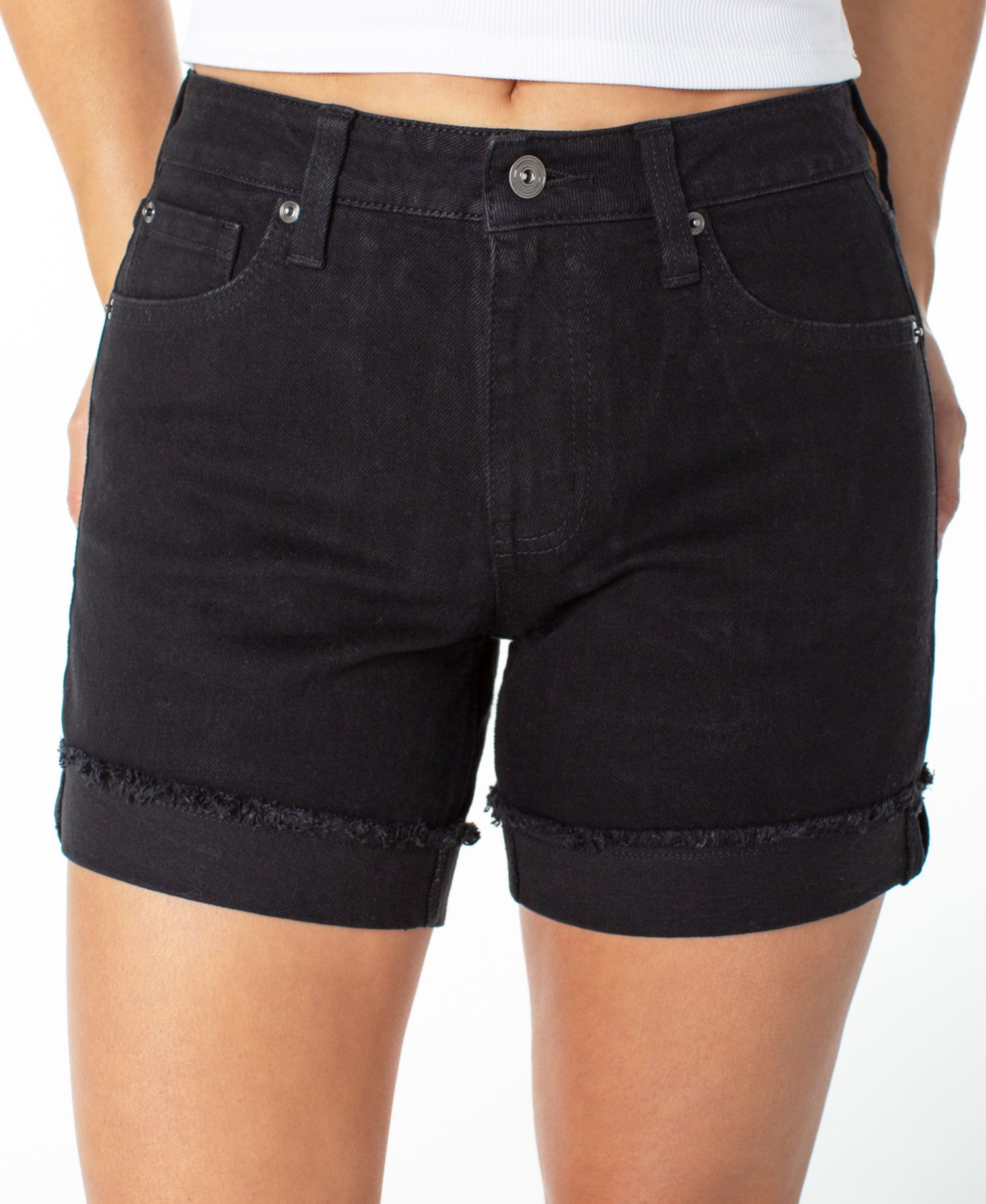 Juniors' Fray Zip-Fly Button Flip Cuff Shorts