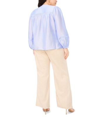 Plus Size Crewneck Pleated Front Long Sleeves Blouse