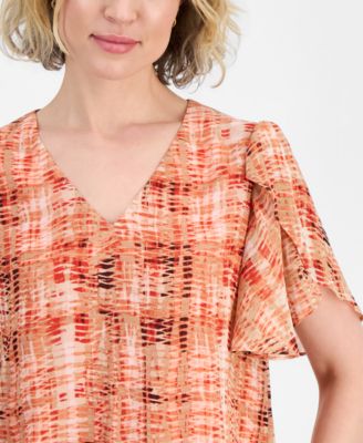 Women's Plaid Tulip-Sleeve Blouse