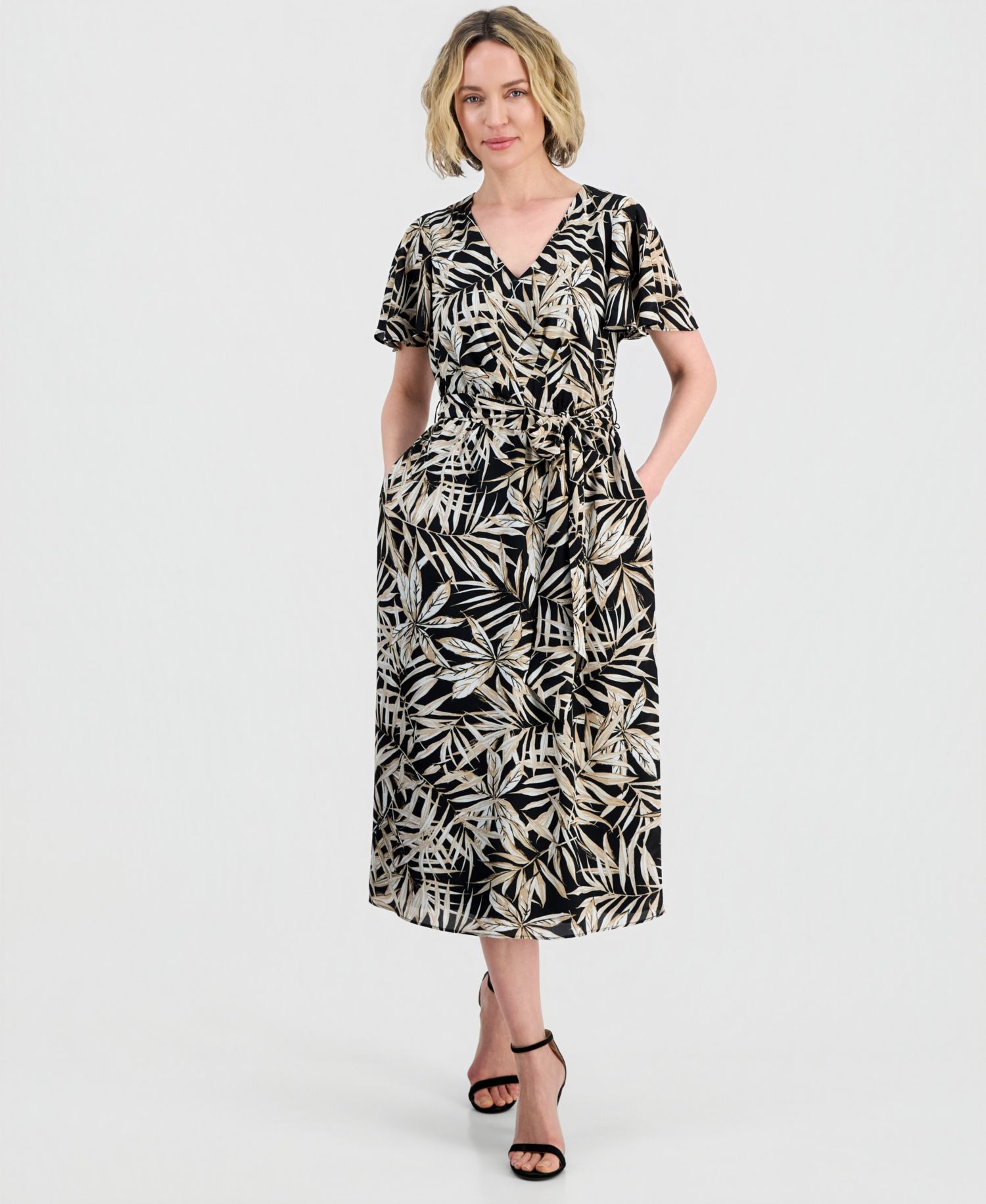Women's V-Neck Flutter-Sleeve Midi Dress