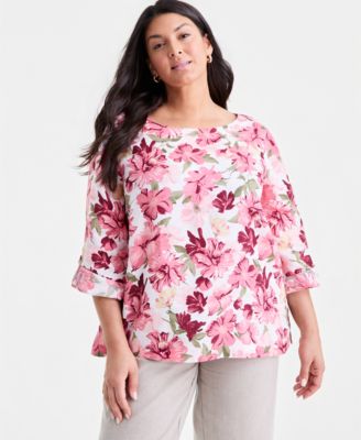 Plus Size Linen Floral-Print 3/4-Sleeve Blouse