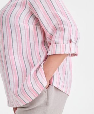 Plus Size Linen Multi-Stripe Roll-Tab-Sleeve Top