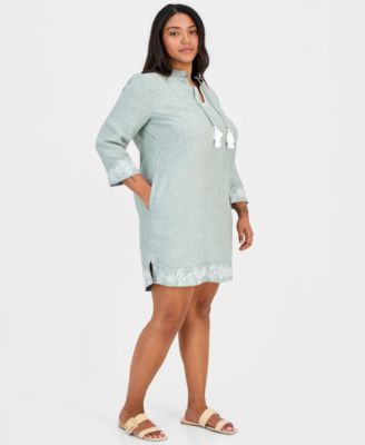 Plus Size 100% Linen Y-Neck Corded Trim Mini Dress