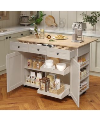Rolling Kitchen Island with Drop Leaf Countertop, Charging Station & Ample Storage- 47.2 in Mobile Kitchen Cart On Wheels with Pull-Out Shelves
