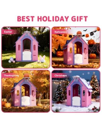 Large Kids Playhouse for Indoor Outdoor with Basketball Ring Toss Play and DIY Stickers for Girls Boys Ages 2