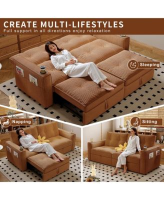 Multi-Functional Convertible Sofa Bed 2-in-1 Multi-Functional Pull Out Sofa Bed, Modern Corduroy Fabric Sofa Couches with Cup Holders