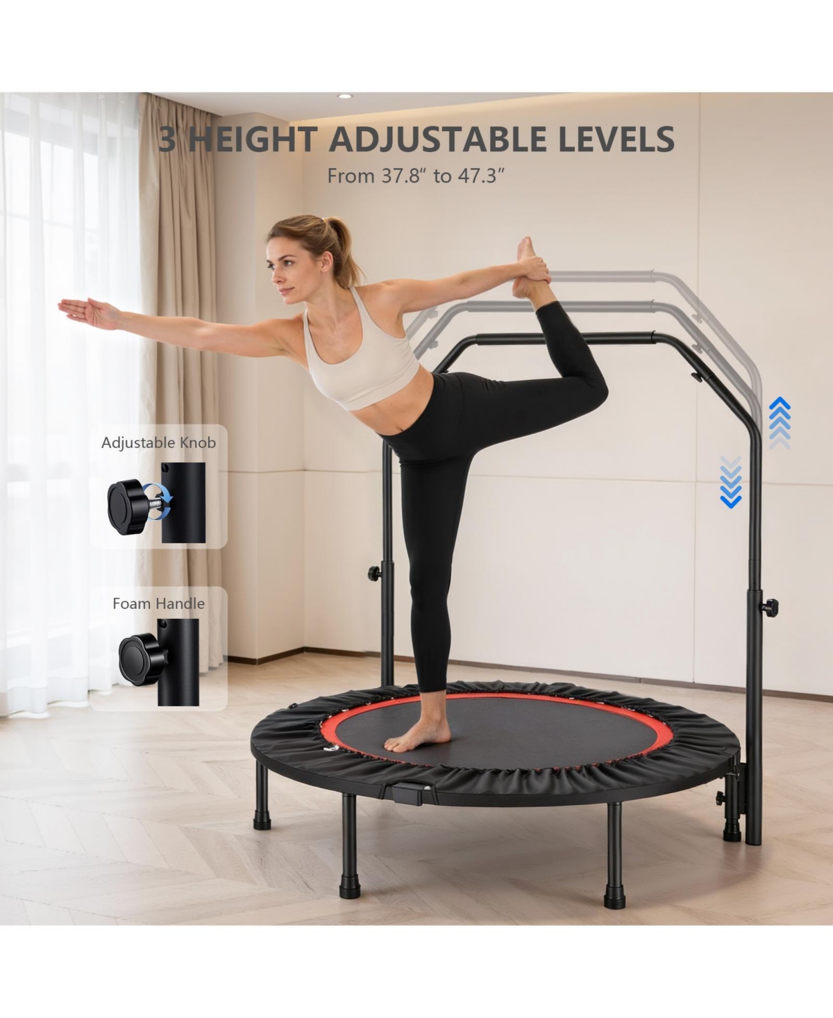 Sugift 40-Inch Fitness Trampoline for Adults with Adjustable Handle Bar and Resistance Bands for Indoor/Outdoor