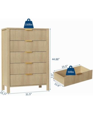 Fluted 5 Drawer Dresser, 45 Tall Slim Dresser for Small Spaces, Modern Farmhouse Wooden Chest of Drawers for Bedroom Nursery Apartment, Easy