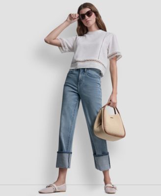 Women's Crewneck Linen-Blend Short-Sleeve Top