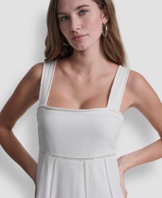 Women's Seamed Linen-Blend Tank Square Neck Dress