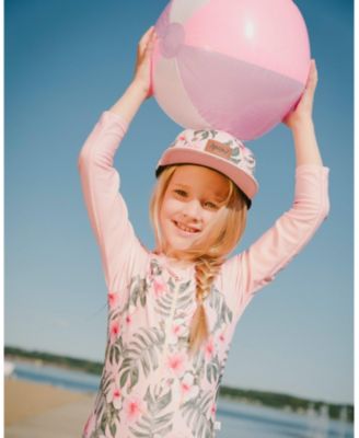 Girls One-Piece Long Sleeve Rashguard Pink Hibiscus Print