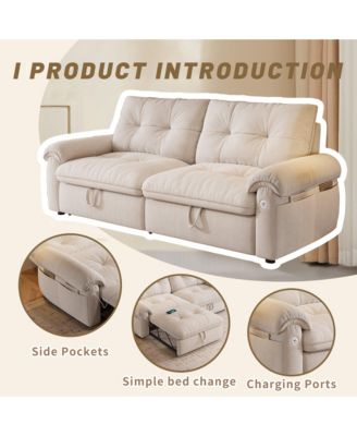 Multifunctional Sofa Bed, 77-inch Modern Velvet Fabric Convertible Sofa Couches, 2-in-1 Pull Out Sofa Bed with USB Charger, Beige