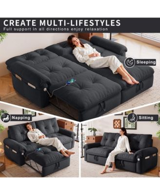 Multifunctional Sofa Bed, 77-inch Modern Velvet Fabric Convertible Sofa Couches, 2-in-1 Pull Out Sofa Bed with USB Charger, Beige