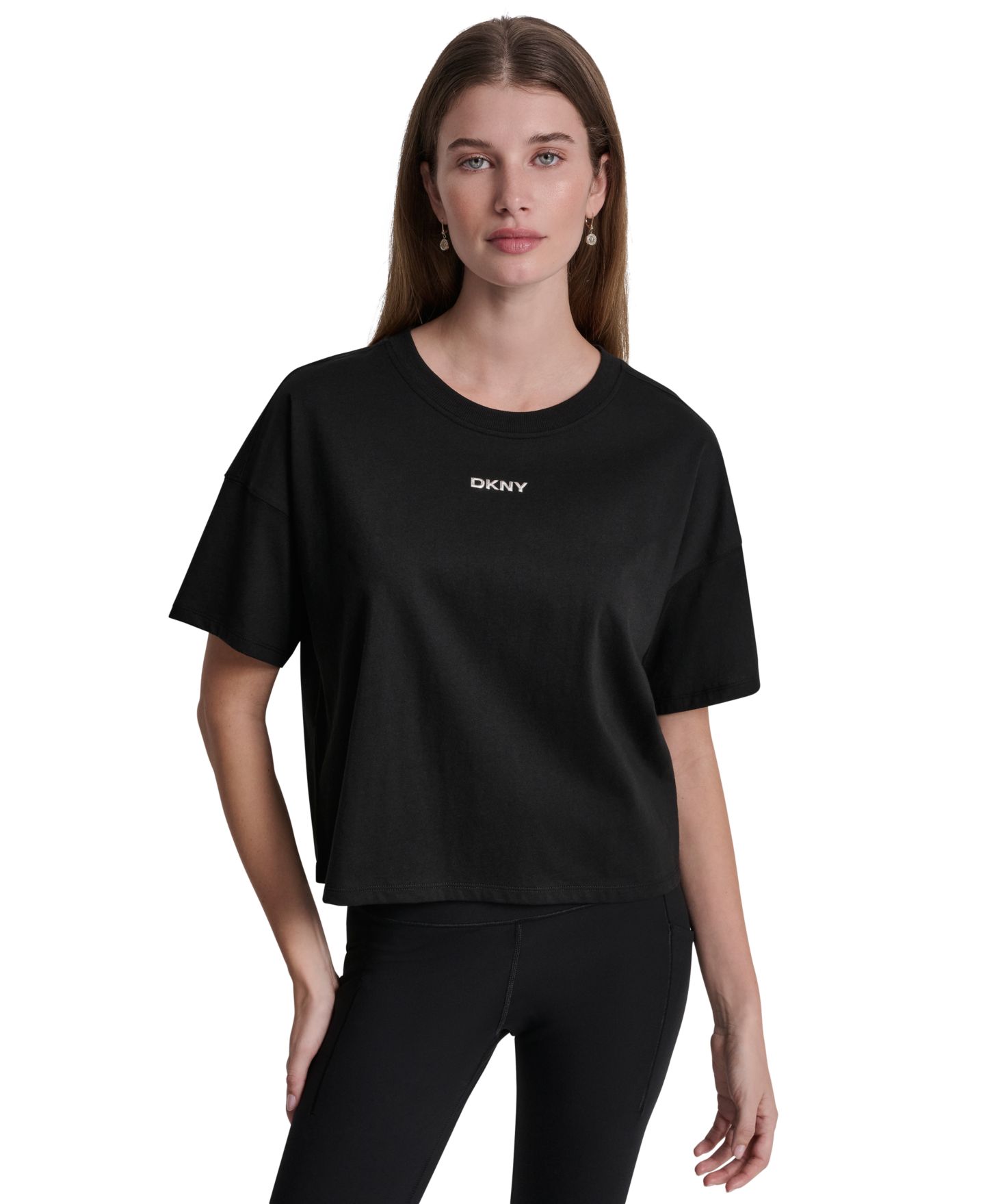 Женская футболка DKNY Sport Metallic Bubble Logo Drop Shoulder Pull-On, цвет: Чёрный — фото 1