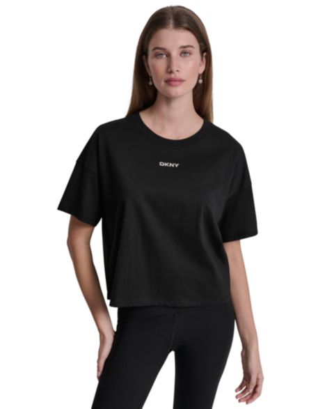 Женская футболка DKNY Sport Metallic Bubble Logo Drop Shoulder Pull-On, цвет: Чёрный