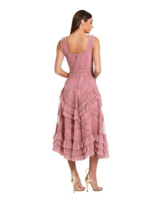 Petite Scoop Neck Sleeveless Mesh Micro Ruffle Midi Dress