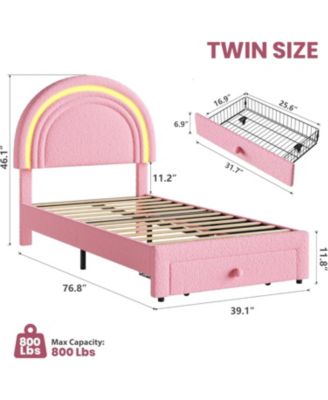 Twin LED Bed Frame with Storage Drawer, Rainbow Headboard, Fleece Princess Platform for Kids, Wood Slats, No Box Spring, Pink