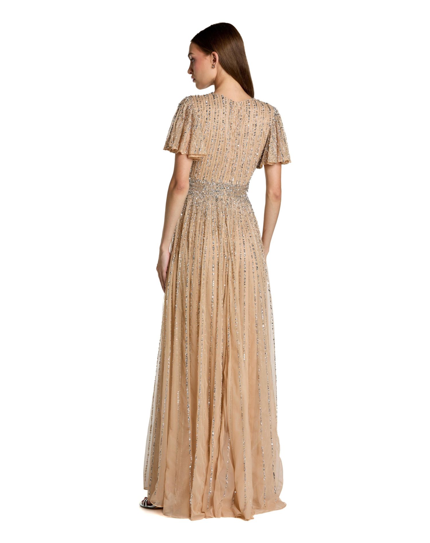 Women's Hand Embellished V-Neck Flutter Sleeve Gown