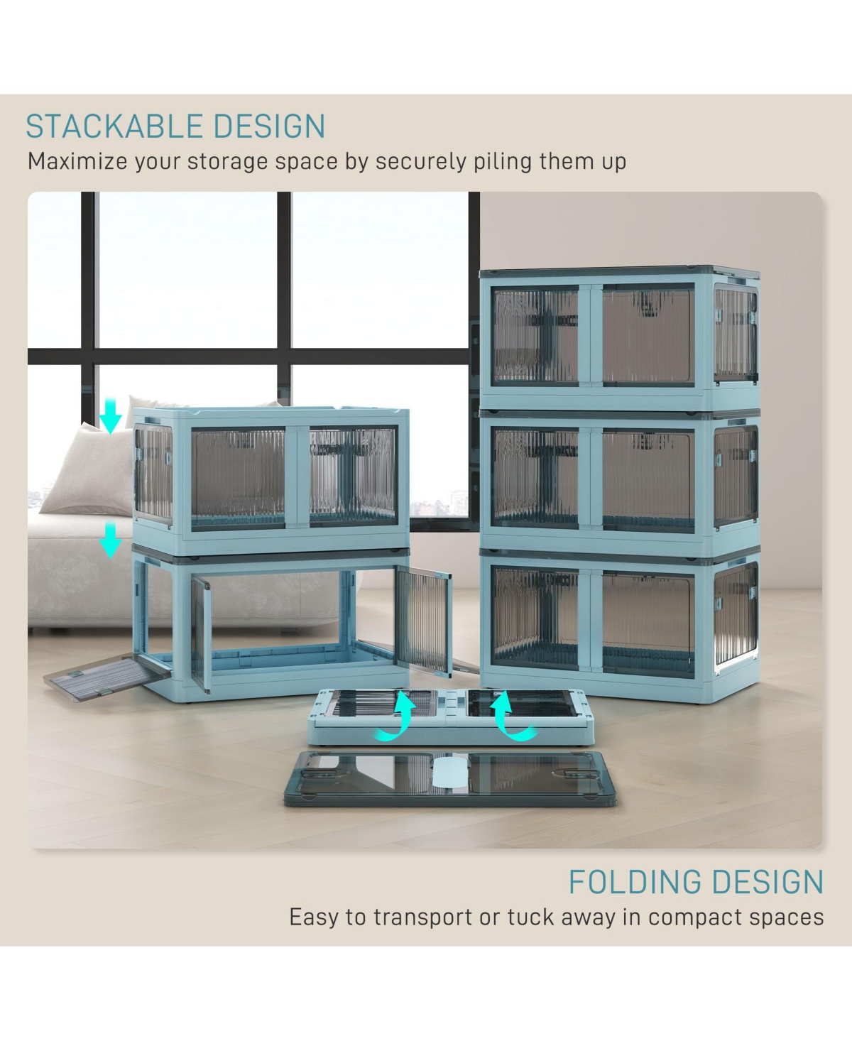 Homcom 3 Stackable Storage Bins w/ Lids, Wheels, Collapsible, 18 gal,