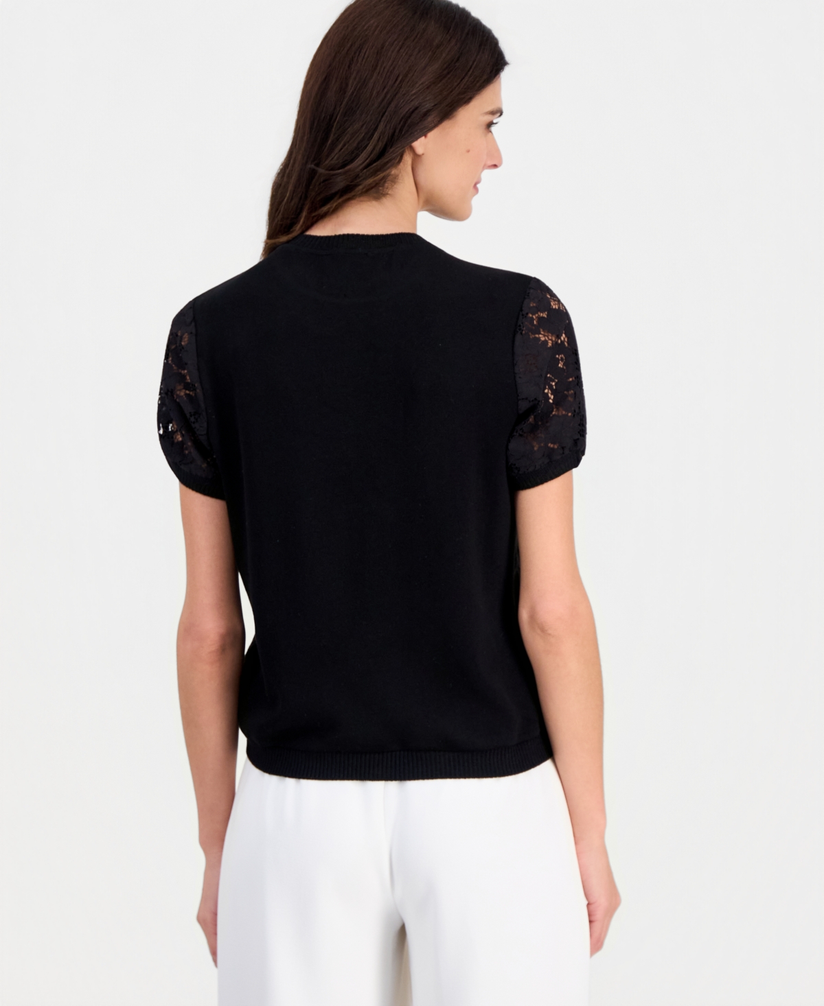 Tahari Asl Women's Lace-Front Short-Sleeve Sweater