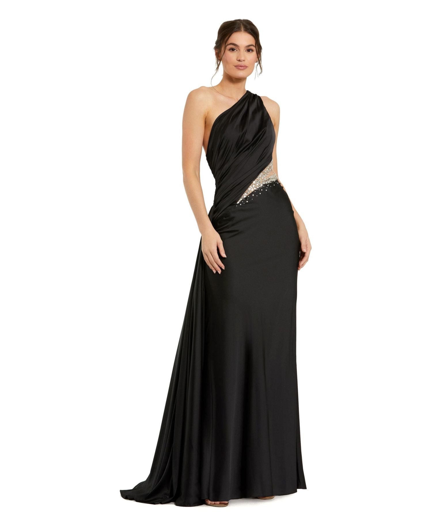 Women's One Shoulder Charmeuse Gown With Beaded Cutout