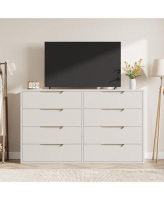 Farmhouse TV Stand with 8 Drawers, 55" Wide Entertainment Center for TVs up to 75 Inch with Metal Legs