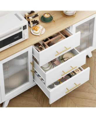 56" Large Sideboard Buffet with Drawer, Buffet Storage Cabinet with Adjustable Shelves and Fluted Glass Door, Modern Coffee Bar Cabinet