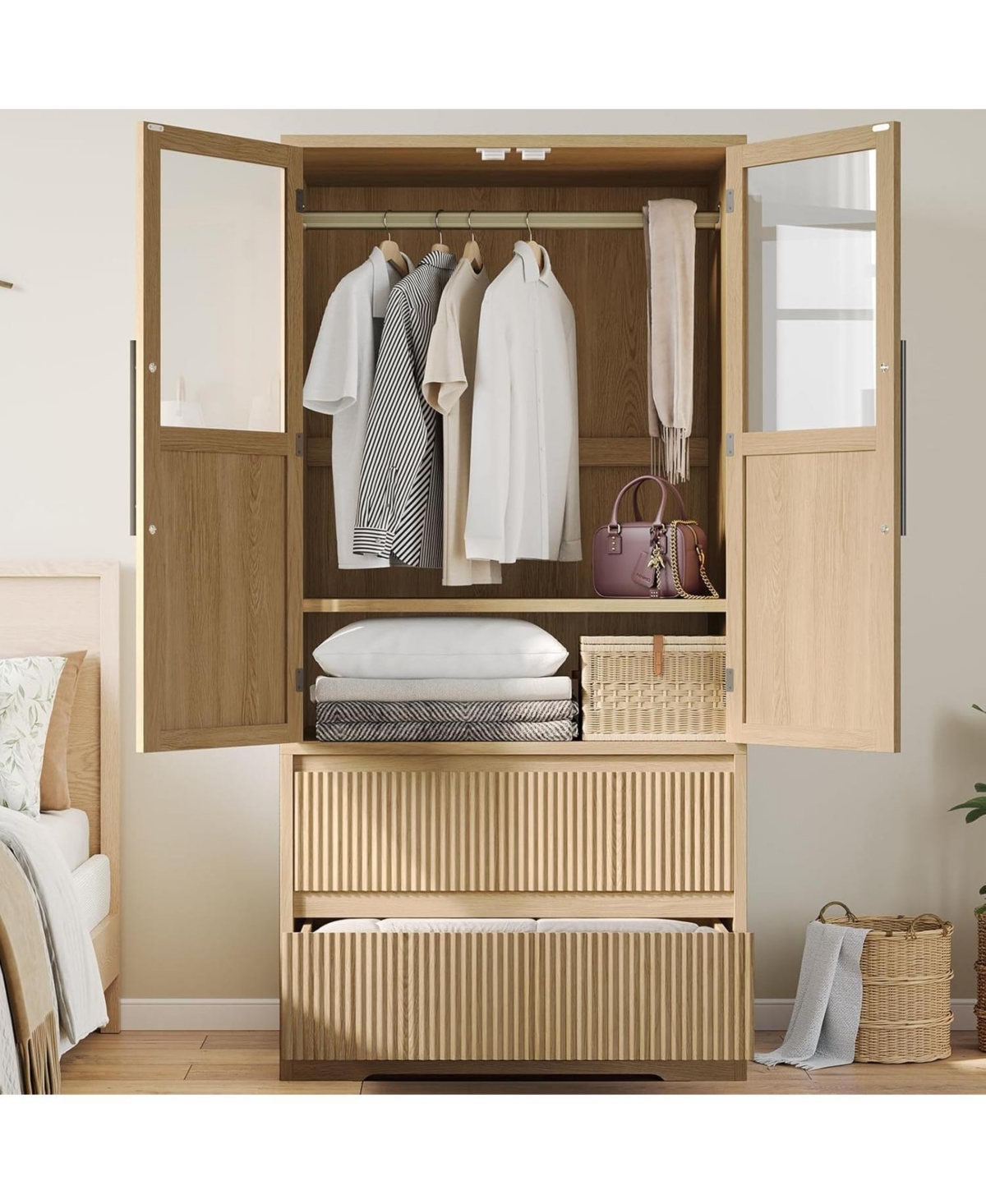 gaomon Wooden Armoire Wardrobe Closet, Freestanding Storage Cabinet with Glass Doors, Drawers, Shelves and Hanging Rod