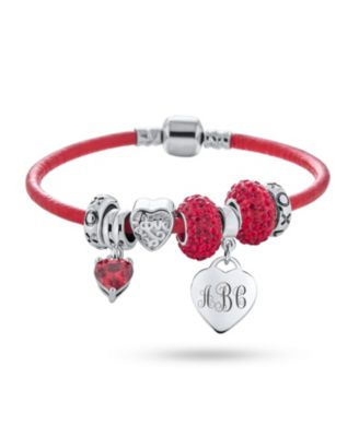 Valentine Heart Charm Multi Bead Charm Bracelet Red Leather Sterling Silver Barrel Clasp
