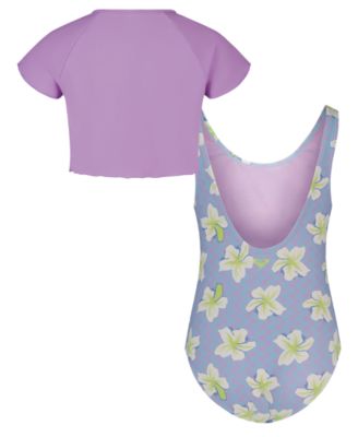 Girls' 8-16 Top & Zigzag Pattern One-Piece Swimsuit, 2-Piece Set