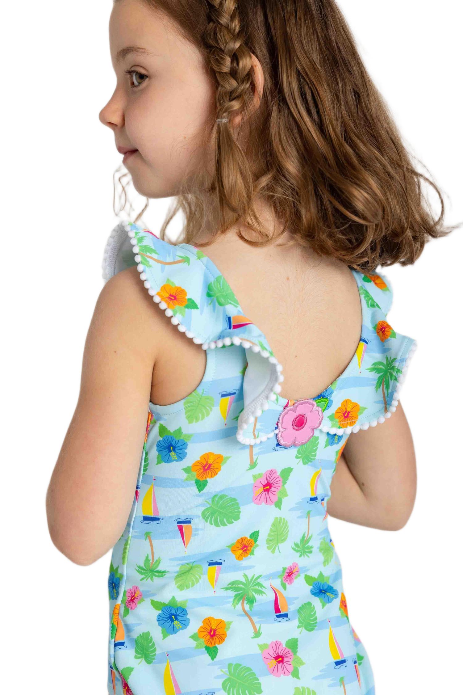 Baby Girl Tropical Print Ruffle Neck Swimsuit