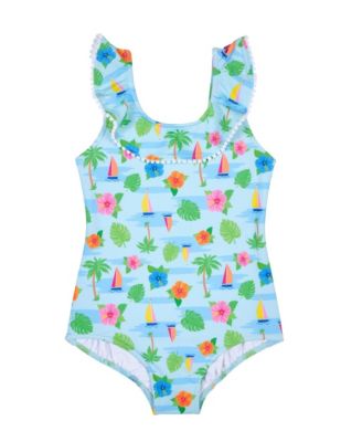 Little Girls Tropical Print Ruffle Neck Swimsuit