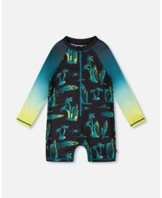 Boys One-Piece Long Sleeve Rashguard Black Surf Print