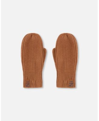 Kids Unisex Ribbed Knit Brown Mittens