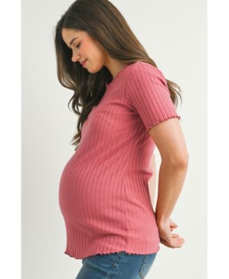 Women's Maternity Ribbed Crew Neck Short Sleeve Top with Lettuce Hem