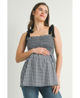 Women's Maternity Smocked Gingham Tie-Strap Sleeveless Top
