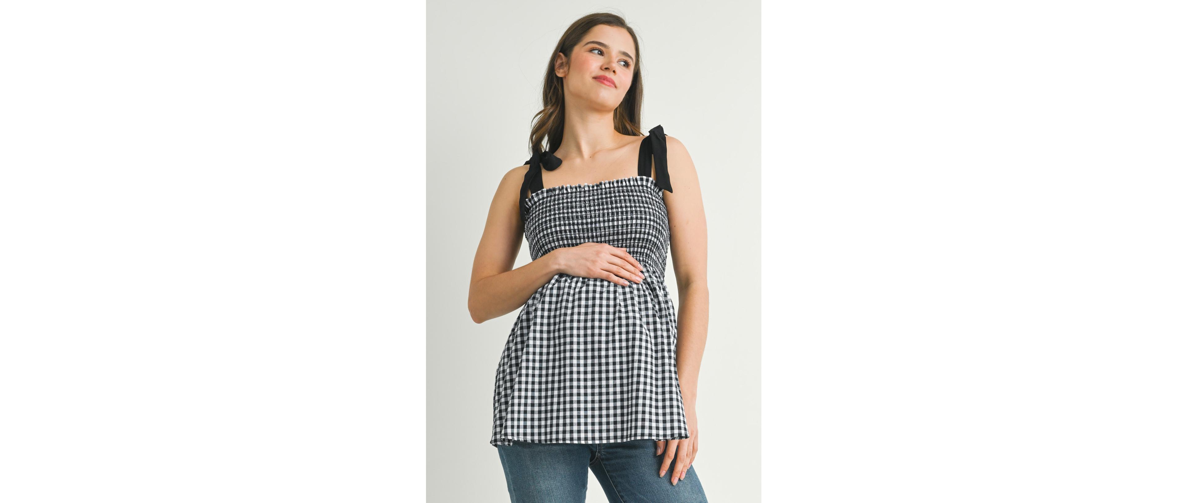 Hello Miz Women's Maternity Smocked Gingham Tie-Strap Sleeveless Top