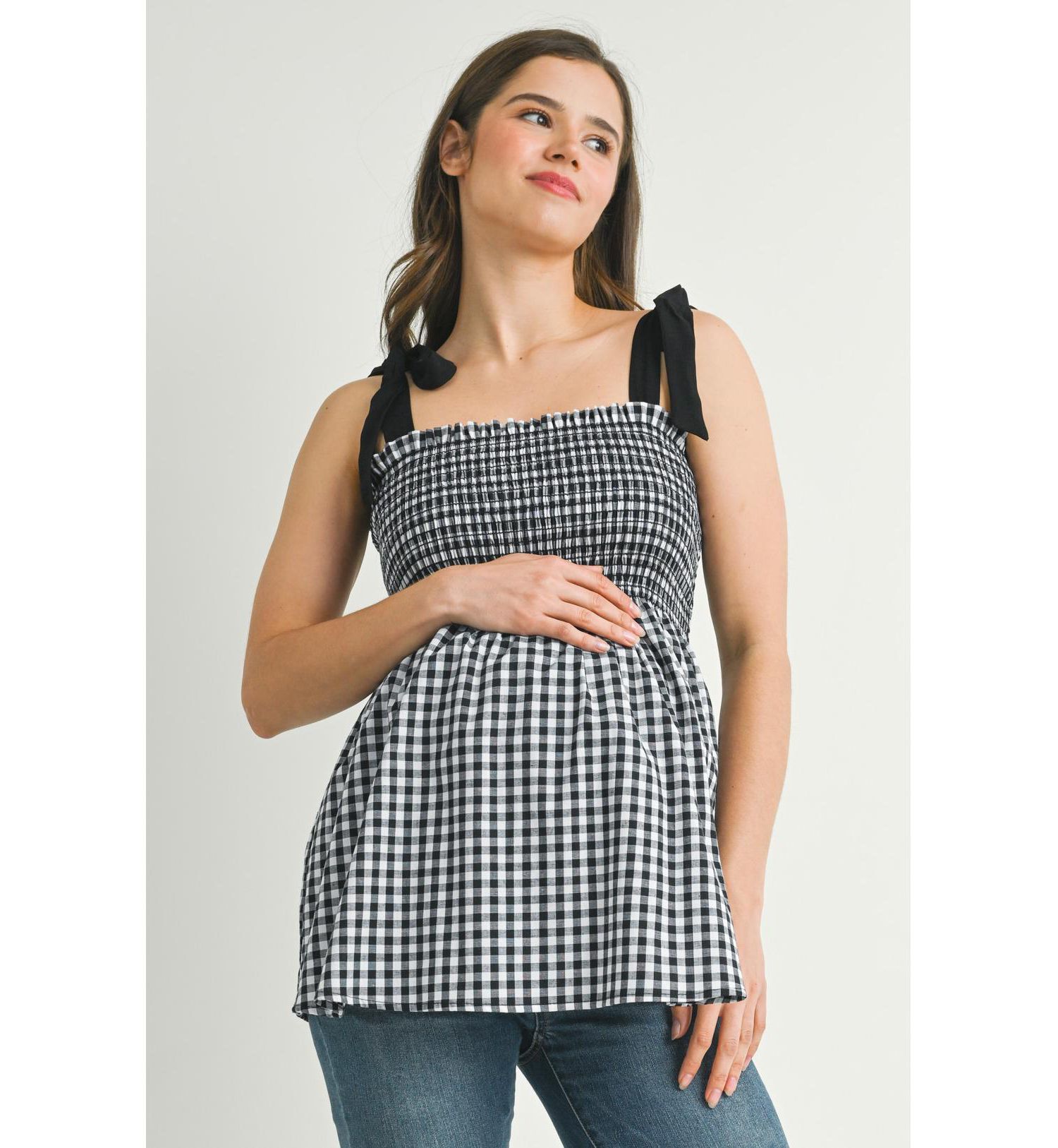 Women's Maternity Smocked Gingham Tie-Strap Sleeveless Top