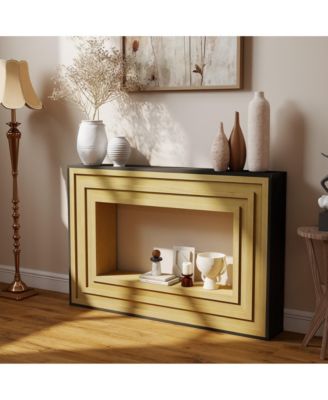 Modern Contrast Entryway Table Console Table with Layered Wood Frame and Black Top