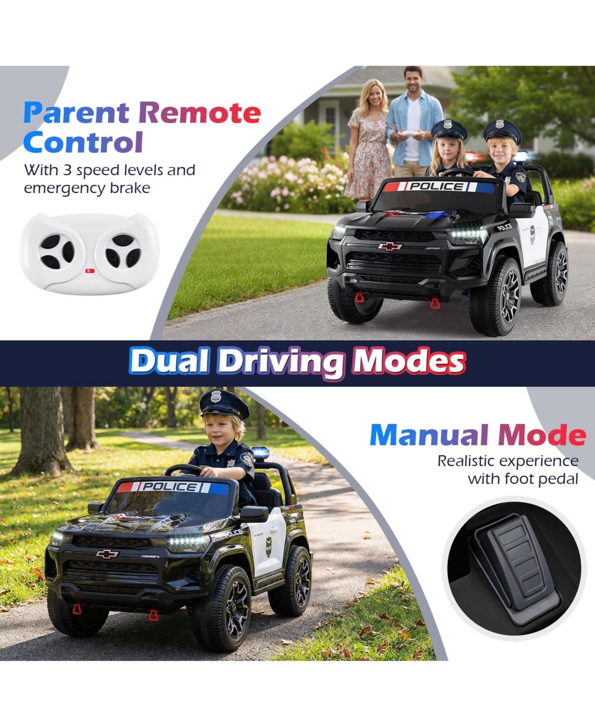 Mecale 24V 2-Seater Ride on Police Car 4WD Chevrolet with Megaphone and Led Flashing Lights