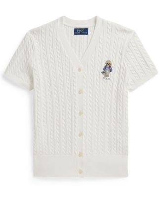 Girls' 7-16 Polo Bear Cable V-Neck Cardigan