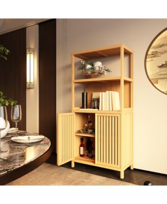 Bamboo Storage Cabinet, Freestanding Bathroom Cabinet with 2 Doors, Floor Cabinet Organizer for Living Room, Kitchen, Entryway