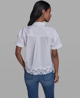 Women's Collared Lace-Trimmed Short-Sleeve Blouse
