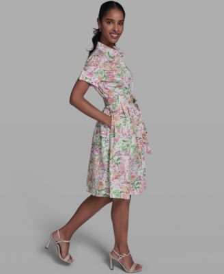 Women's Printed Short-Sleeve Tie-Waist Collared Shirt Dress