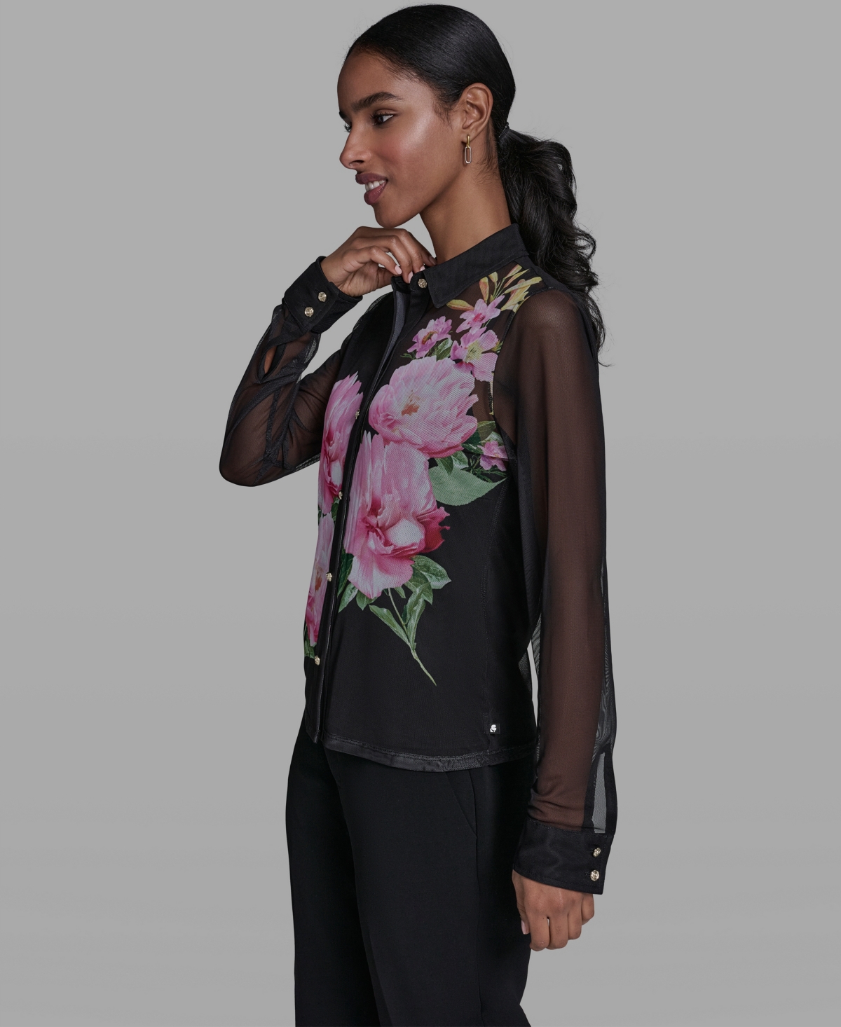 Karl Lagerfeld Paris Women's Placed Floral Mesh Collared Shirt