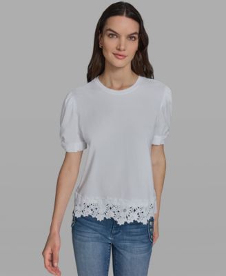Women's Crew Neck Short-Sleeve Floral Crochet-Trim Top