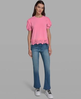 Women's Crew Neck Short-Sleeve Floral Crochet-Trim Top